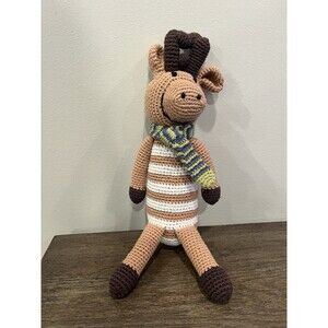 Pebble Moose Deer Rag Doll Crochet Knitted Baby Rattle Plush Lovey 12”